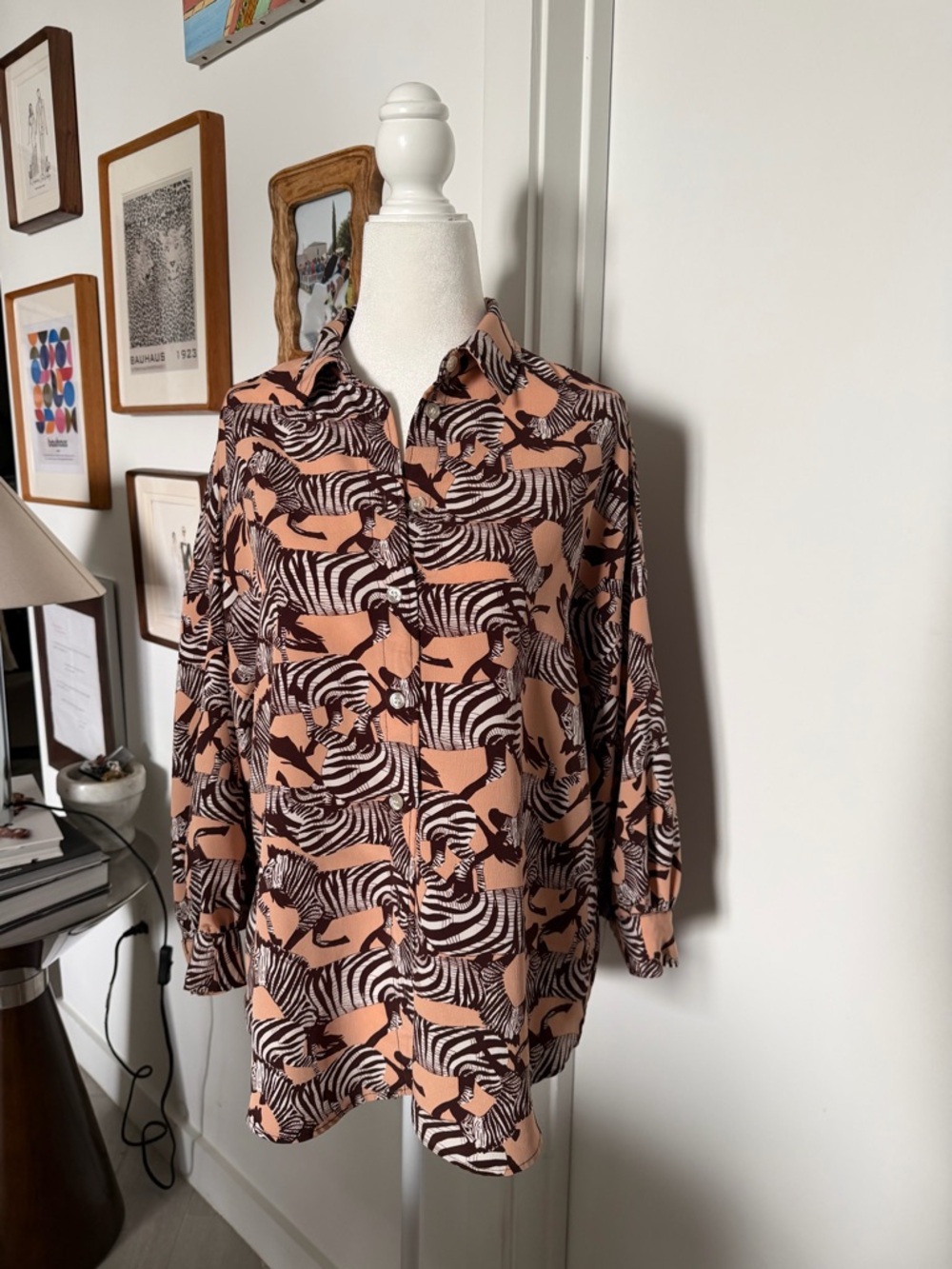 Topshop Peach and Black Zebra-Print Button-Down Shirt